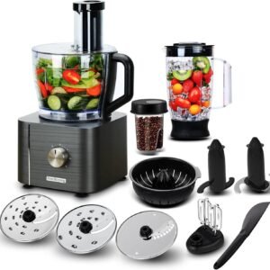 Food Processor, TopStrong 11-in-1 food processor and blender with Chopping Blending Kneading Grinding Whisking Juicing, 1100W, 3 Speeds Plus Pulse, 3.2 L Bowl and 1.5L Jug Blender, Color Grey