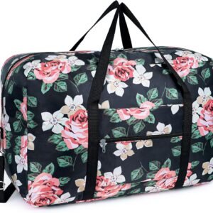 For Airlines Large Cabin Bag Foldable Travel Duffel Bag Holdall Tote Carry on Luggage Overnight for Women and Men 40L (Black Peony)
