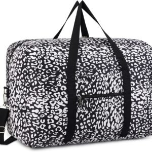 For Airlines Large Cabin Bag Foldable Travel Duffel Bag Holdall Tote Carry on Luggage Overnight for Women and Men 40L (Black Leopard)